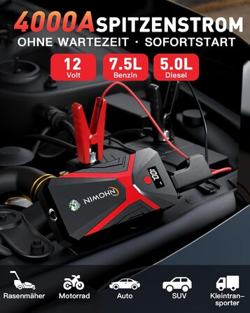 Портативний пусковий пристрій NHOWIN 4000A: Powerbank для авто 12V, 20000 mAh, 4-в-1, з кабелями та LED-ліхтариком для подорожей та надзвичайних ситуацій