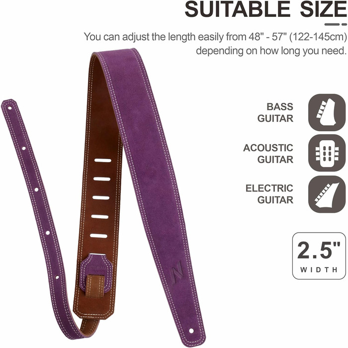 Гітарний ремінь Nefelibata з повного нубуку, 76 см, з підкладкою з піни та петлею для зберігання кабелю, для акустичної, бас та електрогітари (Лавандовий фіолетовий)