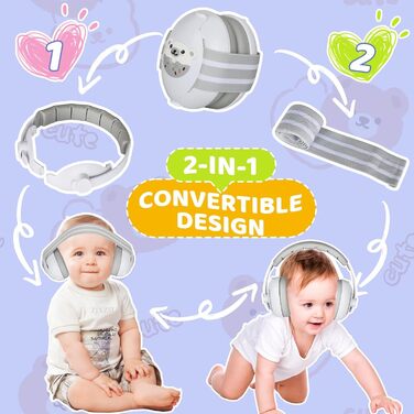 Навушники для захисту від шуму USHOP для немовлят 2-в-1, 25dB, регульоване антиковзне кріплення, до 48 місяців, м'які та легкі, запобігають пошкодженню слуху