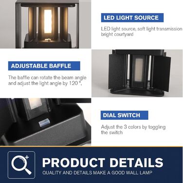 LED вуличне/внутрішнє настінне освітлення FUPE 15W, регульоване, 3 кольори, IP65, алюміній, чорний