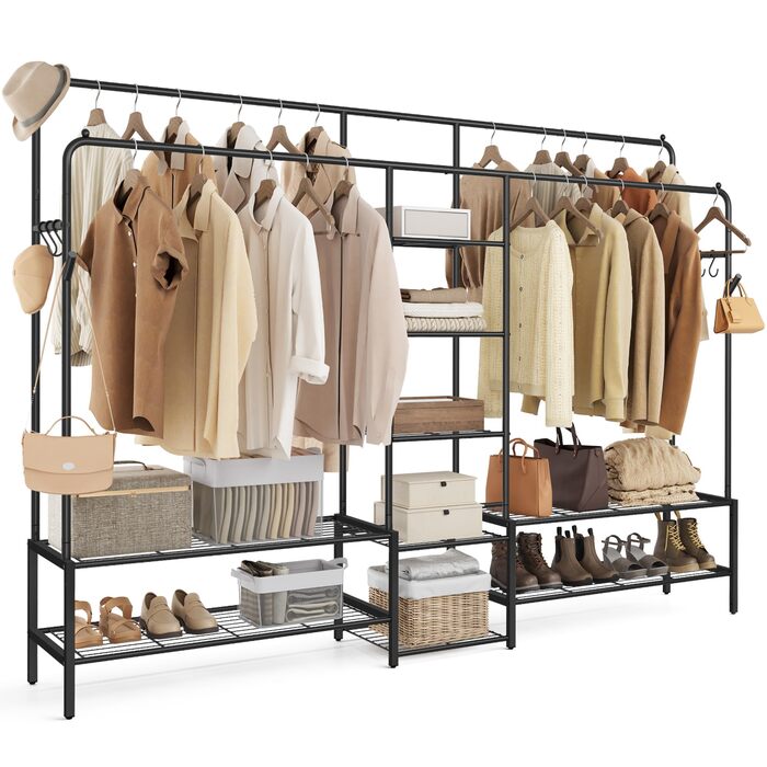 SONGMICS Стійка для одягу, відкрита шафа, вішалка для одягу з 7 полицями, металевий каркас, перекладина для одягу, для спальні, вітальні, передпокою, HSR182B01 (Чорний, 195 см)