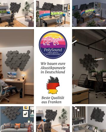 Акустичні 3D-панелі PolySound ECO гексагон, самоклеючі звукопоглинаючі шестикутні панелі для офісу, геймінгу та дому, набір 9 шт (3-10 см), PS Motiv