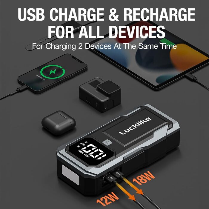 Powerbank для запуску двигуна Lucklike: 3000A, LED-ліхтарик, для авто та мото (до 8.0L бензин/7.0L дизель)