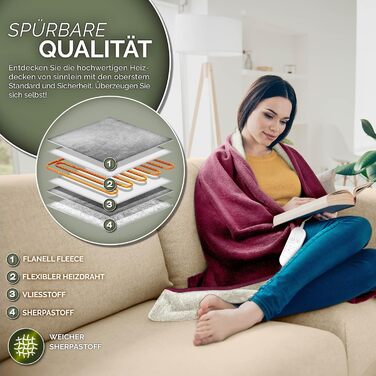 Електрична гріюча ковдра Sinnlein® з автоматичним вимкненням 160 x 120 см | 9 температурних режимів | Ковдра для ліжка, дивана | З таймером та цифровим дисплеєм, винного кольору