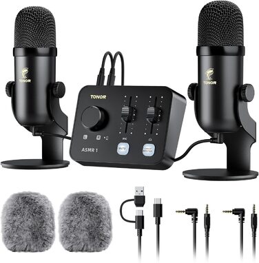 Набір мікрофонів TONOR для подкастів та ASMR з аудіоінтерфейсом, мікшер, USB, чорний