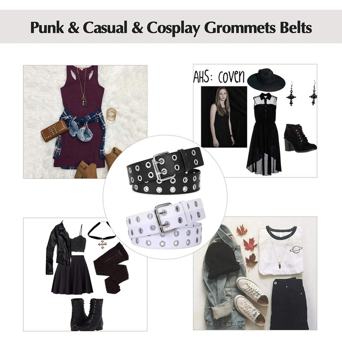 Ремень JasGood Punk унісекс, подвійні отвори, стиль косплей, хіп-хоп, рок, готика, чорно-білий, 105 см