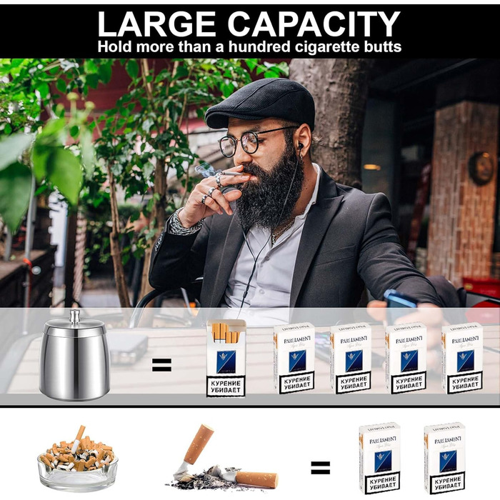 Нержавійна попільничка для вулиці та дому з кришкою, з антиковзною основою (срібна)