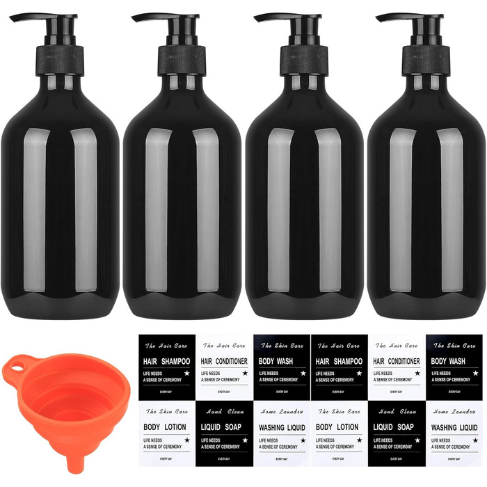 4 шт. Наповнювані порожні флакони для шампуню, 500 мл, дозатори для мила, шампуню, кондиціонера, гелю для душу, наклейки (чорний)