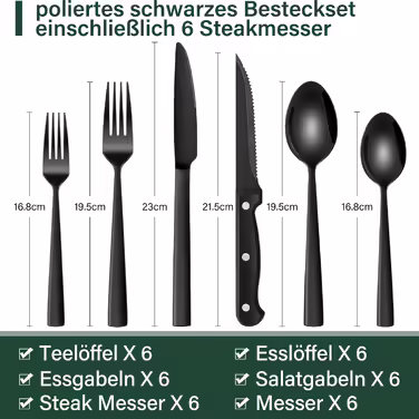 36-Piece Stainless Steel Cutlery Set with Steak Knives Black, Cutlery Set for 6 People, Elegant Dining Cutlery Set with Knife, Fork, and Spoon, Table Cutlery for Home/Party/Restaurant, Dishwasher Safe