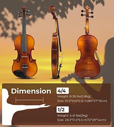 Скрипка 4/4 повного розміру, повний комплект для професійних, початківців, дорослих, підлітків та студентів, з дерев'яним корпусом та ебонітовими аксесуарами, у жорсткому кейсі