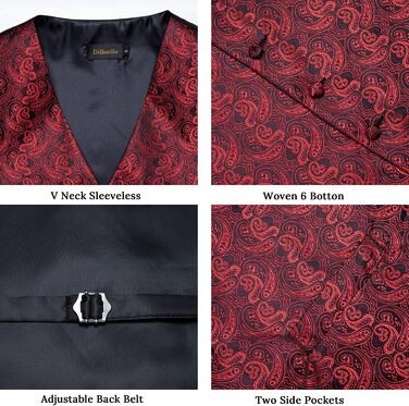 Костюмний жилет чоловічий DiBanGu для весілля з краваткою, нагрудником та запонками. Жилет з паєтковим візерунком у червоно-чорних кольорах, розмір XXL