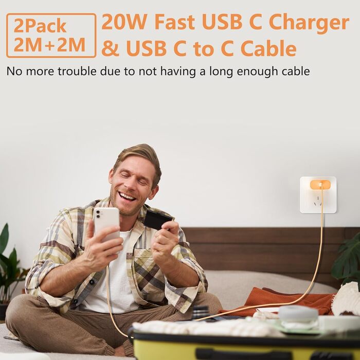 2x USB-C зарядний пристрій 20W + кабель USB-C 2м для iPhone 17/16/15, iPad Pro/Air - Помаранчевий