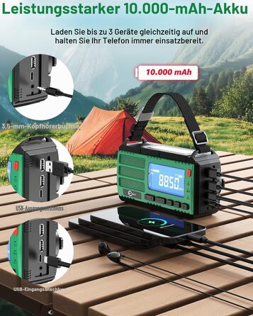 Радіоприймач Esky Kurbelradio з сонячною батареєю, 10000mAh, AM/FM, USB-зарядка, LED-ліхтарик, SOS-сигнал, компас, портативне для кемпінгу та надзвичайних ситуацій, зелений