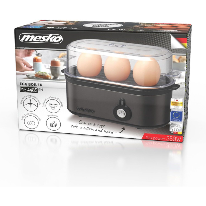 Електричний яйцеварка Mesko MS 4485: 1-3 яйця, напівтверді/тверді, режим приготування, мірний стакан, індикатор, автовимкнення