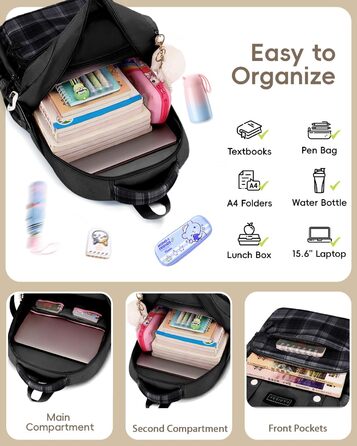 Шкільний рюкзак Tanou для дівчаток-підлітків, великий набір з сумкою через плече, в клітинку, 26л (чорний)