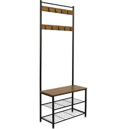 Mondeer Coat Rack, Shoe Rack with Coat Rack, 3 Shelves and 9 Detachable Hooks, Industrial Design, Metal and Wood Construction, 70 x 32 x 175 cm, for Entryway, Brown