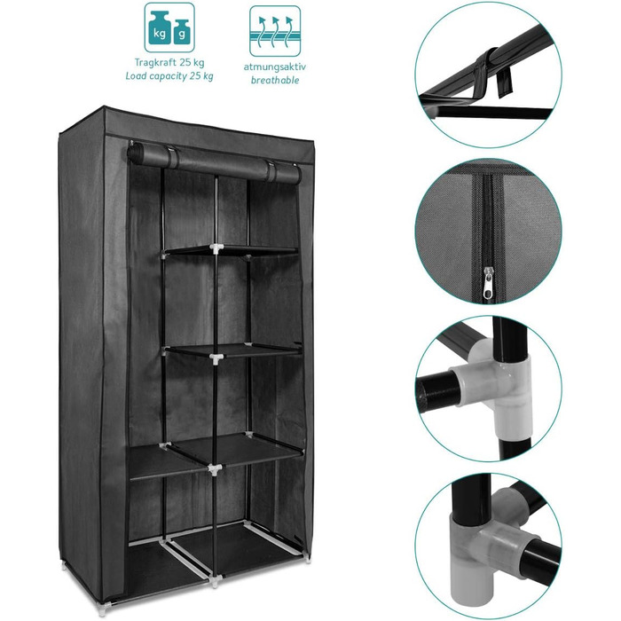 Navaris Fabric Wardrobe with Clothes Rail - Folding Wardrobe 88x170x45cm with Rail - Large, Stable Closet - Foldable Fabric Wardrobe made of Nonwoven Fabric in Light Grey (Anthracite)