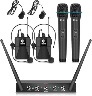 Debra 4-канальний UHF мікрофонний комплект, AU400: ручний, нагрудний, наголовний мікрофон для церкви, караоке, співу (2 ручні + 2 нагрудні мікрофони)
