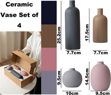 Modern Ceramic Vase Set - 4 Piece, Morandi Colors, Minimalist Table Decor, Nordic Style, Neutral Boho Scandinavian Vase Set (Black)