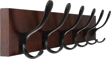 SKOLOO Wall Mounted Coat Rack - Wood Brown Wall Coat Rack Hooks Wall Organizer Clothes Hanger Rack with 6 Hooks for Hanging Coats, Hats, Clothing, Scarves, Brown & Black 1 Brown (6 Hooks)