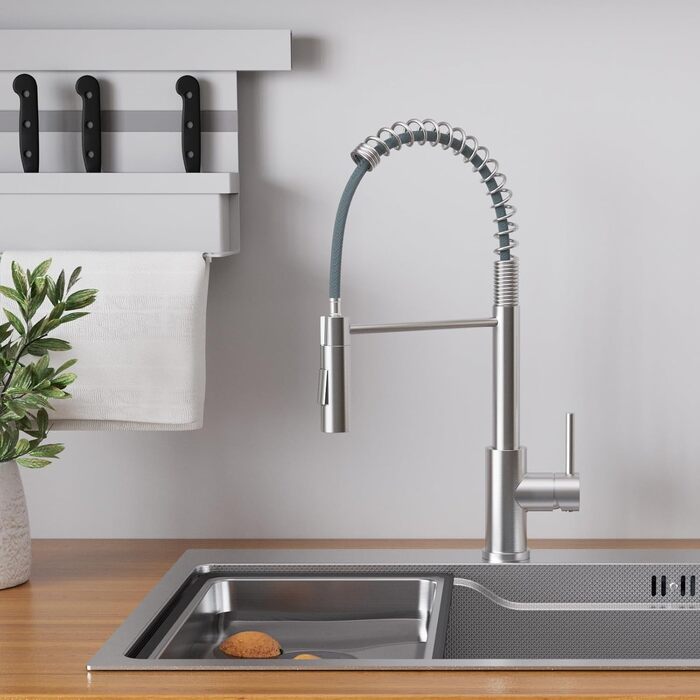 Кран кухонний CECIPA з висувною лійкою, високотискний, з двома режимами розпилення, поворотний на 360°, з нержавіючої сталі, матовий