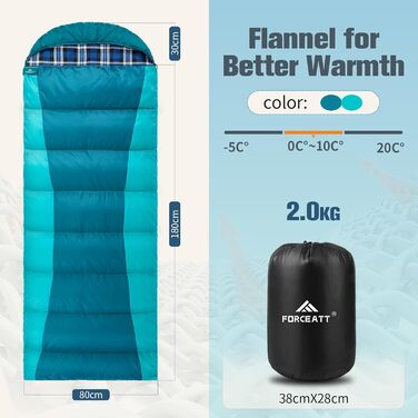 Спальний мішок Forceatt Winter -5°C до -20°C, Outdoor, 3-4 сезони, легкий, водонепроникний, для дорослих, кемпінг, подорожі, Flanell Liner Königsblau