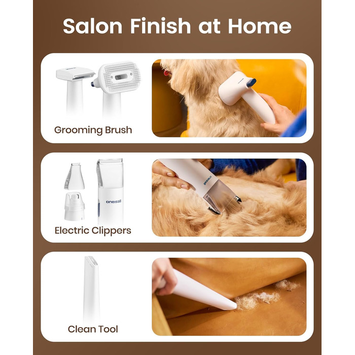 Машинка для стрижки собак Oneisall з пилососом, потужність 12000 Па, видаляє 99.99% шерсті, тиха, для собак та котів, 7 насадок