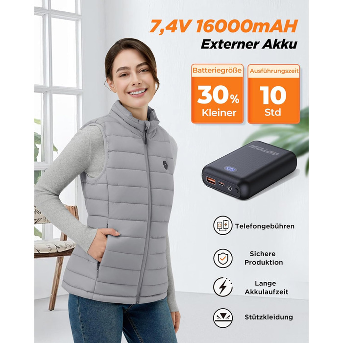 Жіночі гріючі штани Heizwete з акумулятором 16000mAh 7,4V - 9 гріючих зон, 3 режими температури, для активного відпочинку та роботи на відкритому повітрі, білий (сірий, XL)