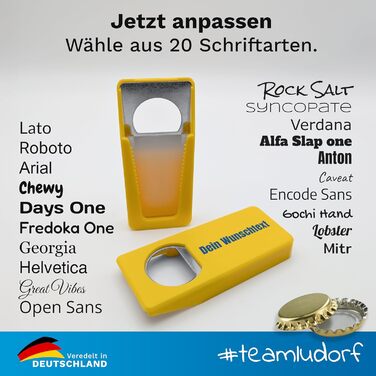 Персоналізований жовтий відкривачка для пляшок #teamludorf з гравіюванням фото, логотипу або тексту – подарунок для пива, металевий відкривачка з кришкою