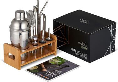 Професійний набір для приготування коктейлів Oak & Steel з нержавіючої сталі (13 предметів) з дерев'яним підставкою, рецептами коктейлів та шотів - аксесуари для бару