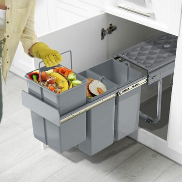Вбудований контейнер для сміття HENGMEI для кухні, висувний, 3 секції по 10л, сірий