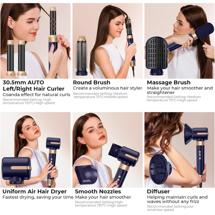 Airstyler 7 в 1: мультистайлер для волосся 1400W з феном, дифузором, плойкою та щітками для сушки, локонів та укладки. Швидка сушка завдяки двигуну 110000 RPM. Колір: блакитний