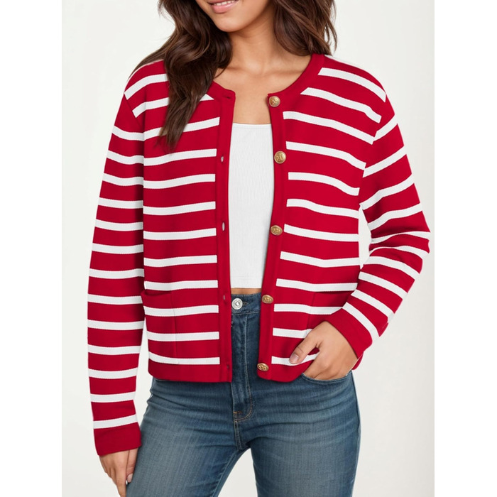 Жакет жіночий короткий з 2 кишенями на ґудзиках, смугастий пуловер, стильний осінній кардиган з круглим вирізом, модний в'язаний пуловер (S, Червоний)