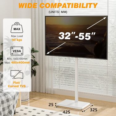 Підставка для телевізора TVON, 32-55 дюймів, регульована висота, поворотна, VESA 400x400, до 40 кг, біла