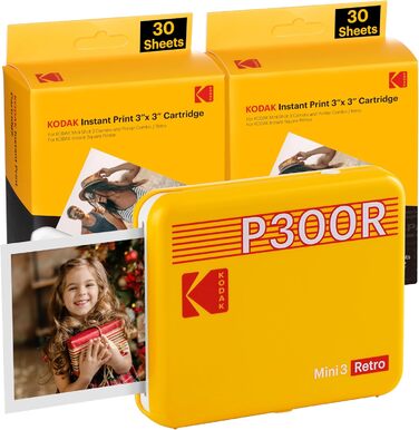 Фотодрук Kodak Mini 3 Retro: портативний принтер + 68 аркушів паперу (7,6 x 7,6 см)
