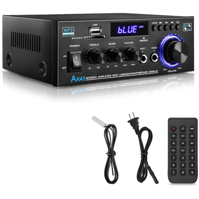 KKMOL AK45 Міні Hi-Fi стерео підсилювач Bluetooth, 400 Вт, 2-канальний, цифровий аудіо підсилювач з USB, SD, радіо, пультом, 12V/220V