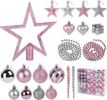 Набір прикрас для ялинки Agoer 100 шт. - блакитні, рожеві та срібні кульки з блискітками, пластик