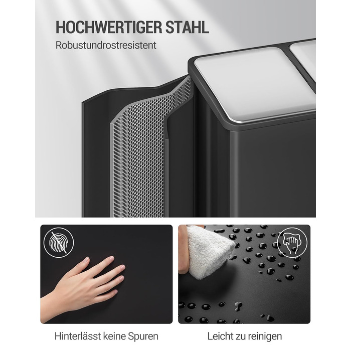 Відро для сміття з сортуванням 60 л, нержавіюча сталь, з педаллю, 2 відділення, SW06099E (Чорний)