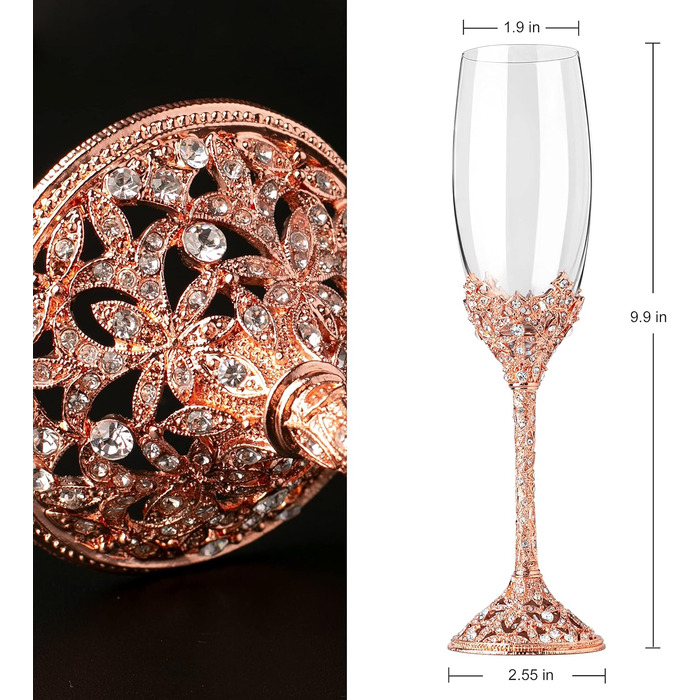 Кельхі для шампанського - кельхі з кришталевого скла з металевою основою та кристалами, набір для нареченого та нареченої, весілля, день народження, банкет та подарунок, 2 шт. (Рожеве золото)