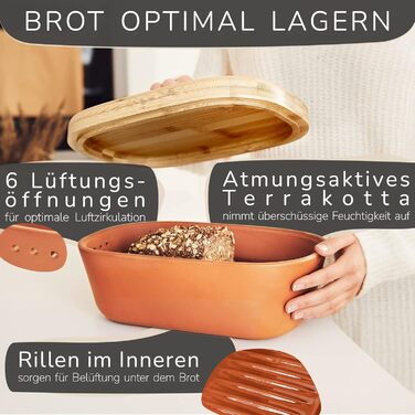 Bread Box - Bread Container made of breathable clay – Ceramic bread box with elegant bamboo lid – Bread pot for space-saving storage