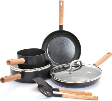 GreenPan Hudson Healthy Ceramic Non-Stick Coating, 8-Piece Cookware Set, Pots and Pans, Vintage Wood-Inspired Handle, PFAS-Free, Dishwasher Safe, Black 8 Piece Cookware Pots and Pans Set Schwarz