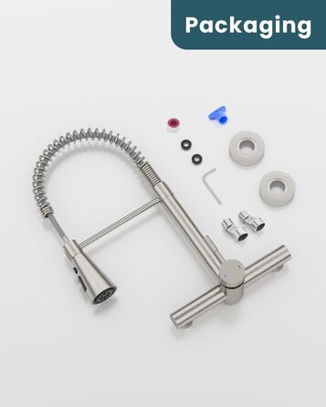 Змішувач кухонний настінний DAYONE з висувною лійкою, нержавіюча сталь, 3 режими, 360° обертання, відстань між отворами 15 см, матовий