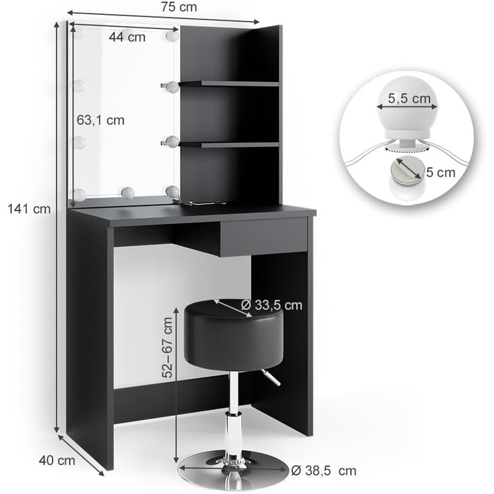 Vicco Vanity Table Decor, Black, 75 cm with LED Lighting and Stool