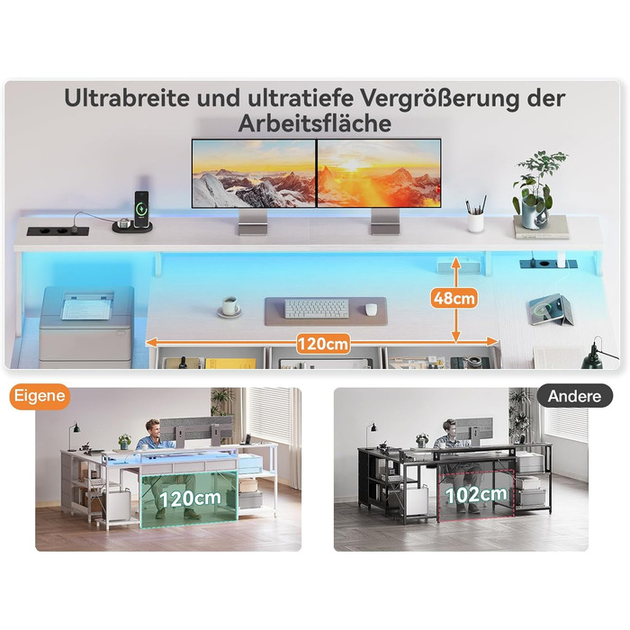 Комп'ютерний стіл Coleshome з 7 висувними ящиками та великим об'ємом зберігання, кутовий стіл з RGB LED підсвічуванням, L-подібний стіл з 2 розетками, ідеальний для офісу та геймінгу (білий, 199.5×145.5 см)