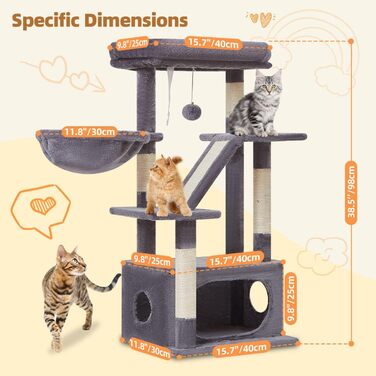 Дерев'яний кігтеточки Taoqimiao Klein 98 см - котячий будиночок з корзиною та 4 стовпчиками, MS029SW (темно-сірий)