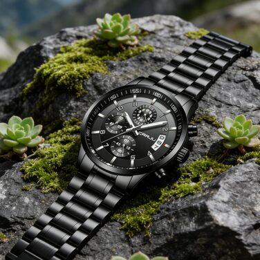 Чоловічий годинник CRRJU Business з нержавіючої сталі, водонепроникний хронограф з календарем, кварцовий годинник з нержавіючої сталі, чорний