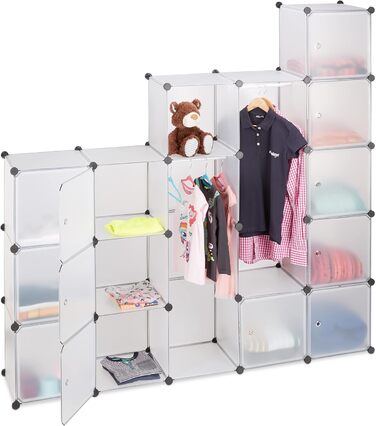 Relaxdays Clothes Rack System with 2 Clothes Rails, Wardrobe with 14 Compartments, Plastic Shelf System (Transparent)