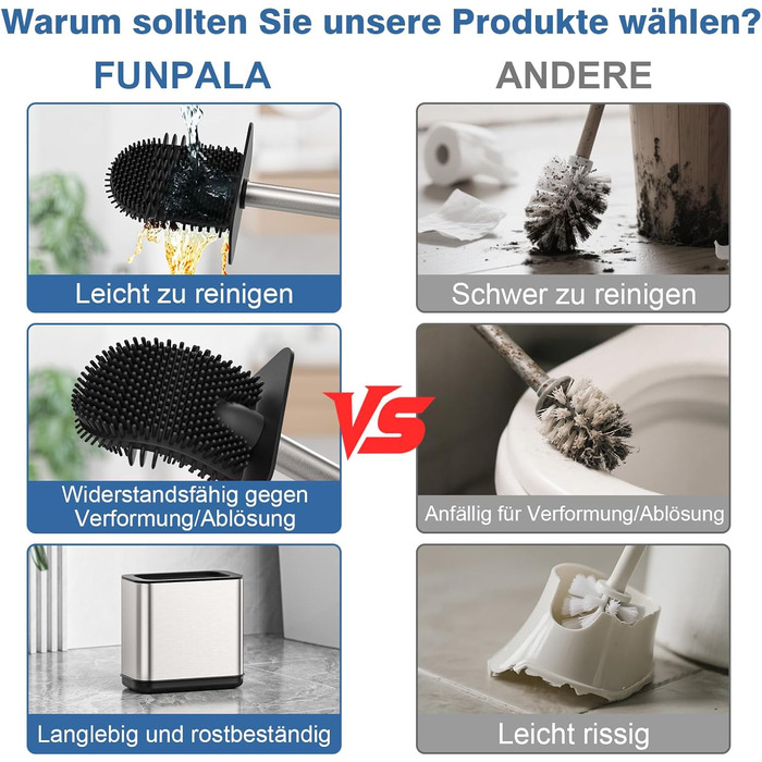 Набір для чищення унітазу FUNPALA з нержавіючої сталі та силікону, 2 насадки, тримач, сріблястий