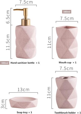 Набір аксесуарів для ванної кімнати Tauzveok: геометричний дизайн, рожевий, 4 шт. (серебряний дозатор мила, попільничка для зубних щіток, мильниця, тримач для зубних щіток)