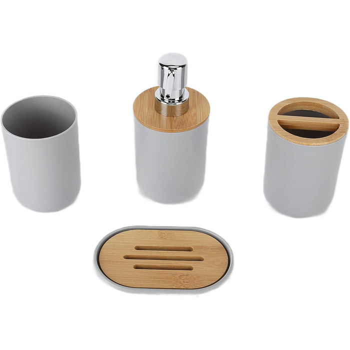 Набір аксесуарів для ванної кімнати на 4 предмети: тримач для зубних щіток, мильниця, дозатор для лосьйону, стакан для ополіскувача, сучасне оздоблення для дому та готелю (сірий)